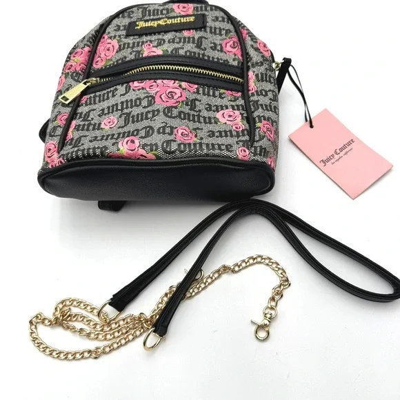 JUICY COUTURE NWT Rose Logo Mini Backpack Black Pink Gold Chain Crossbody Y2k - Picture 3 of 8